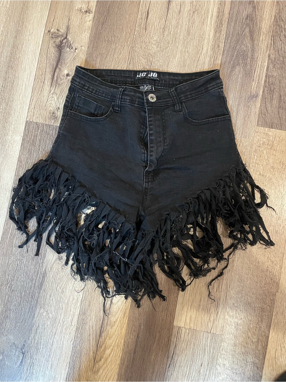 JOJO High-Rise Black Fringe Denim Shorts